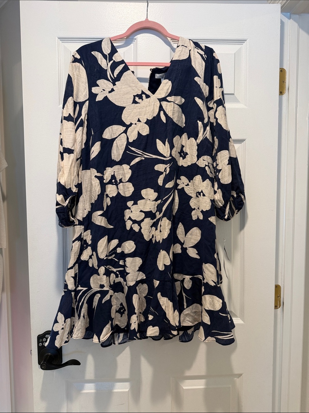 London Times Navy and Cream Floral Midi Dress with Ruffle Hem